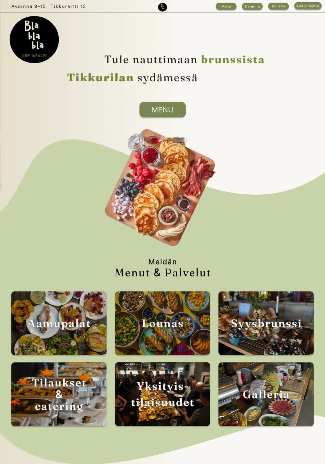 BLABLABLA-sivukonseptin yläosa: etusivu ja menuvalikko kuutena kuvakorttina