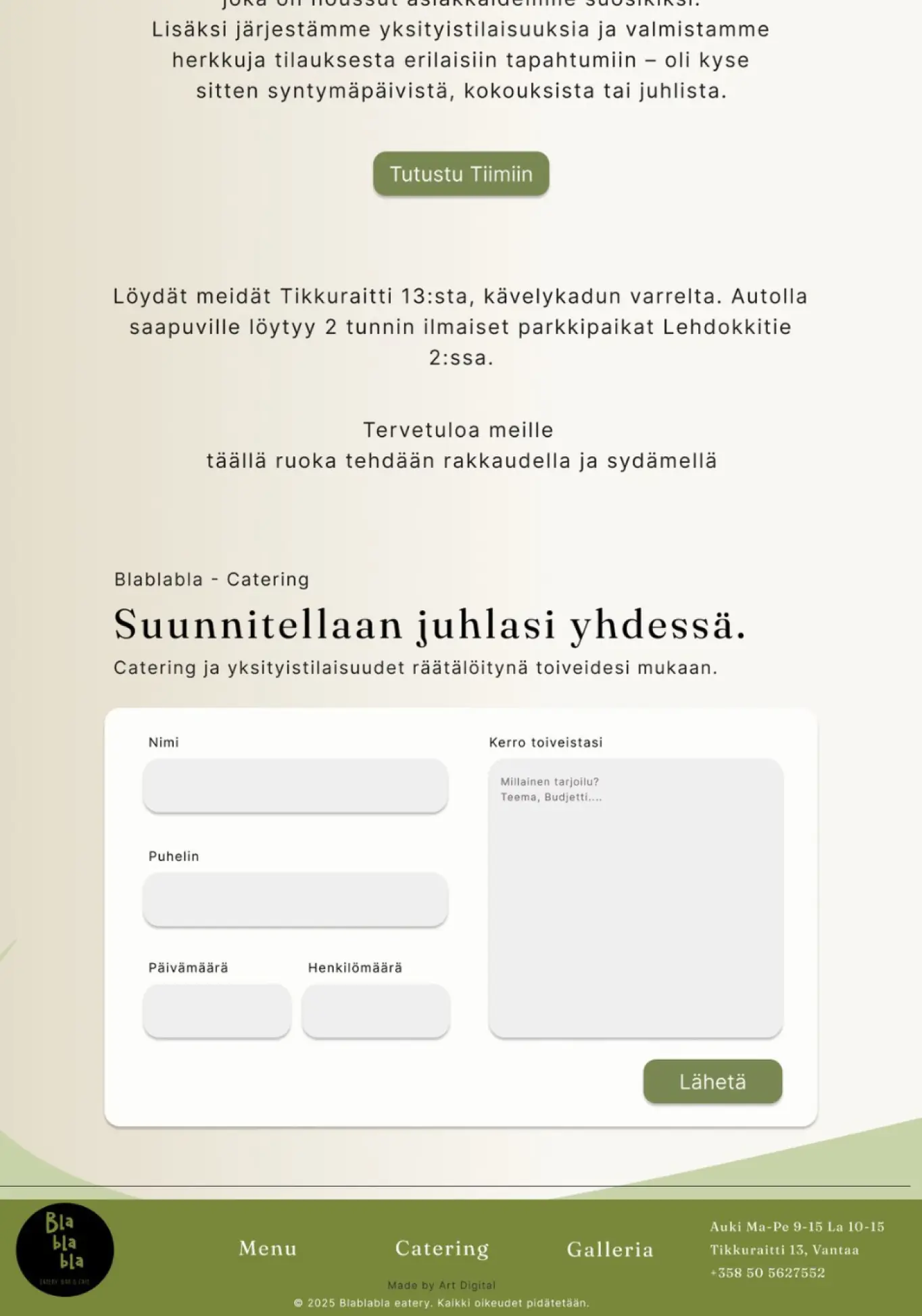 Sivun alaosa: sijaintitiedot, catering-lomake ja alatunniste