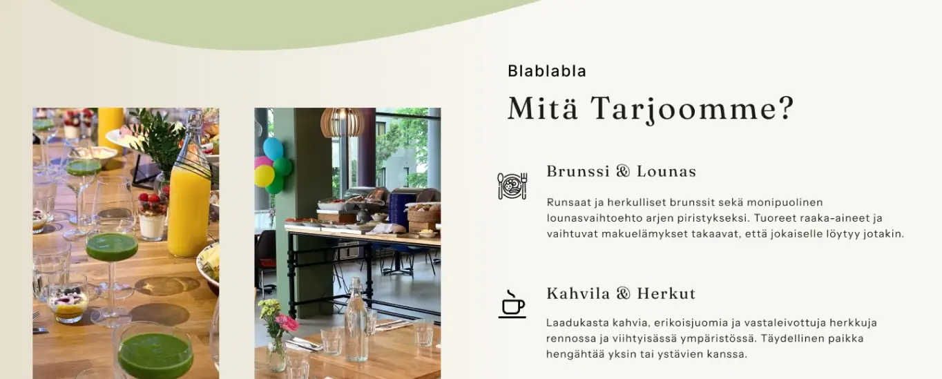 Palvelut kahtena lohkona, Brunssi & Lounas ja Kahvila & Herkut, kahvilan sisätilakuvien vieressä