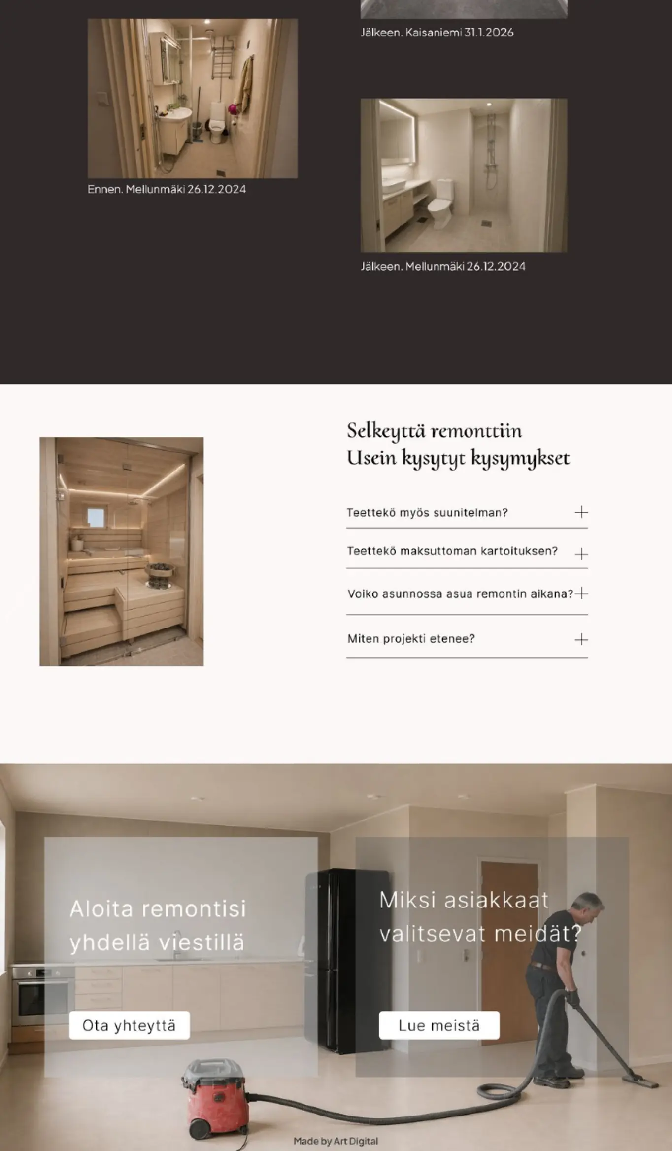 Sivun alaosa: projektigalleria ennen- ja jälkeen-pareina, usein kysytyt kysymykset ja yhteydenottokehotus