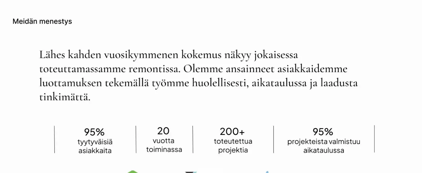 Asiakkaan omat tunnusluvut ja sertifikaatit heti tarinaosion perässä