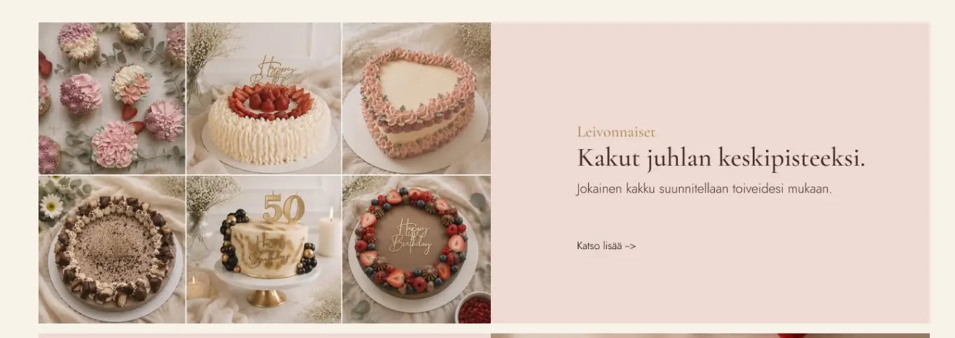 Kuuden kakun ruudukko ja vieressä otsikko "Kakut juhlan keskipisteeksi"