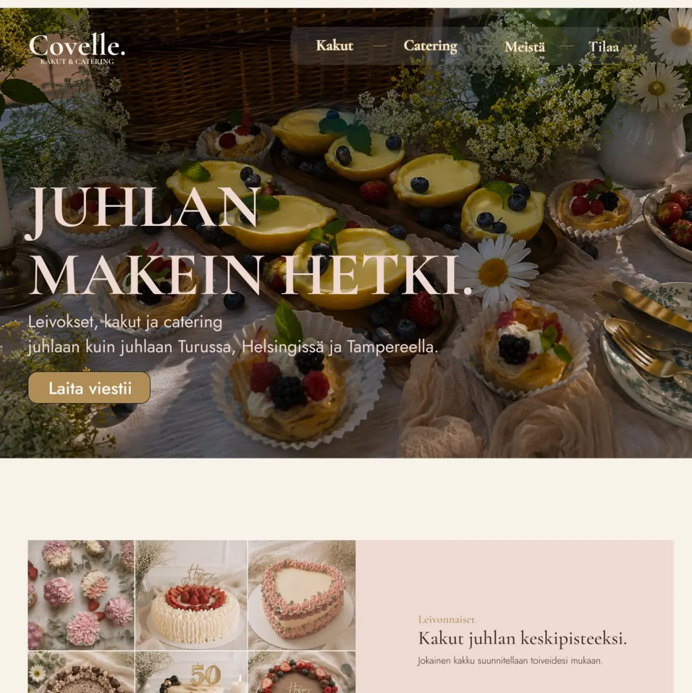 Covelle-sivukonseptin yläosa: etusivun otsikko "Juhlan makein hetki" ja kakkugallerian alku