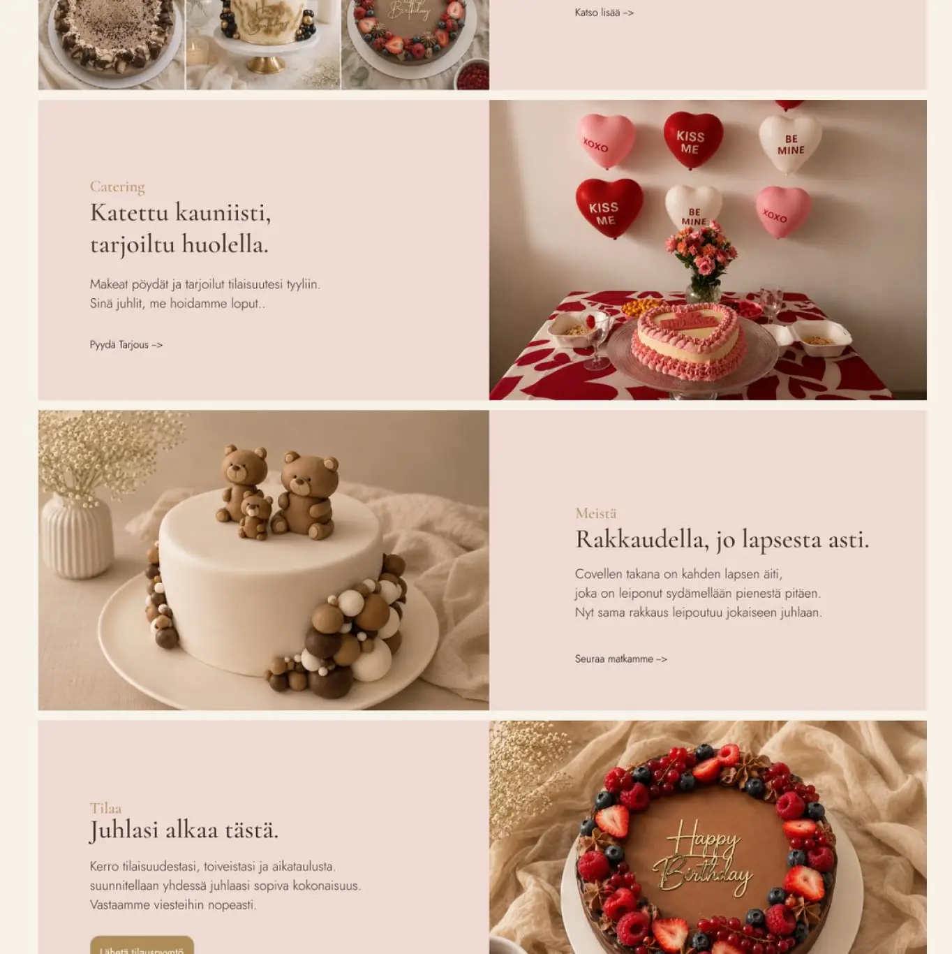 Sivun keskiosa: kakkugalleria sekä catering- ja tarina-osiot vuorottelevina kuva- ja tekstilohkoina